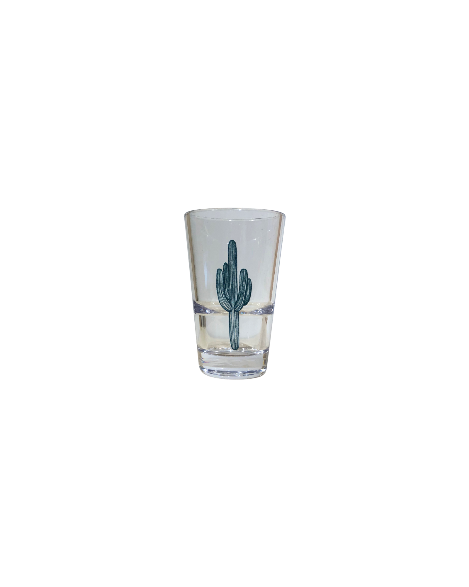 Clear plastic shot glass with a green saguaro cactus line drawing
