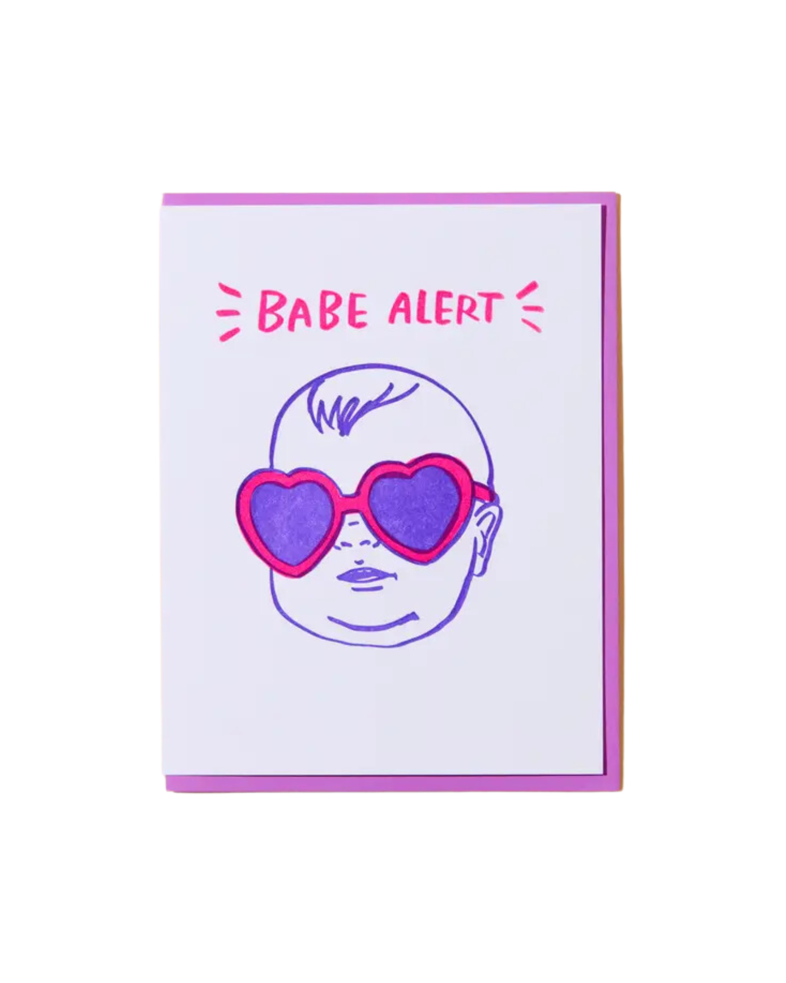 White letterpress card with purple envelope, card has a baby in sunglasses with the words babe alert in pink text