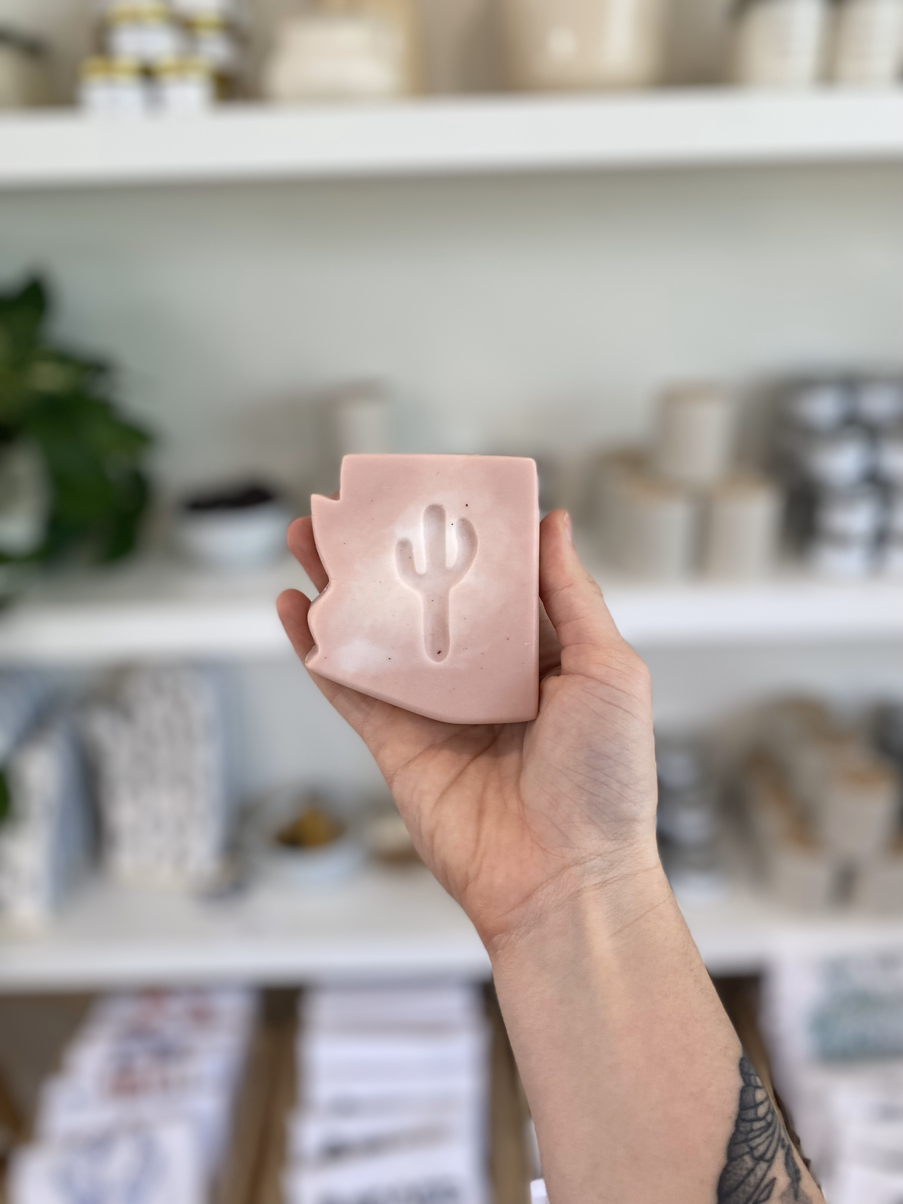 A woman's hand holding arizona shaped soap in front of shelves