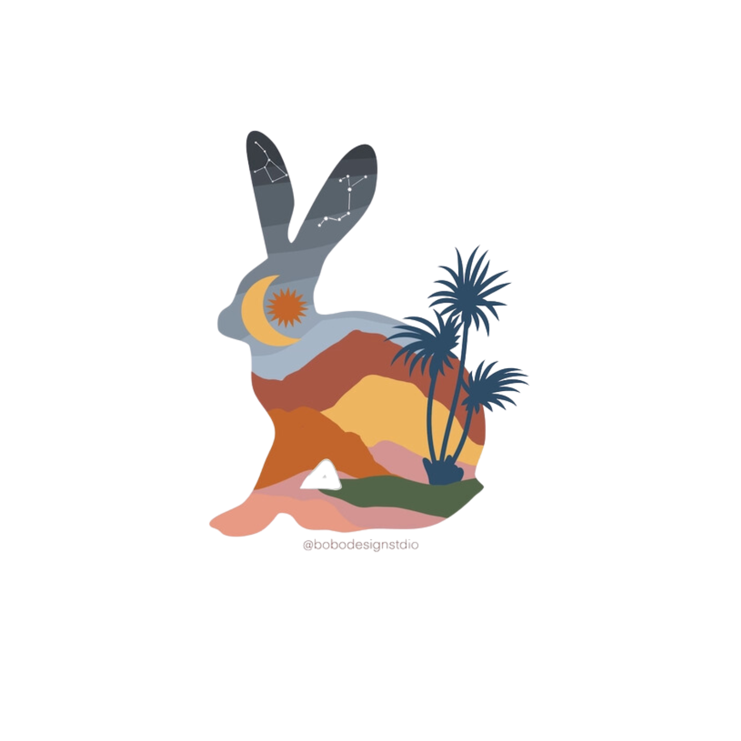Die cut bunny sticker with desert landscape design