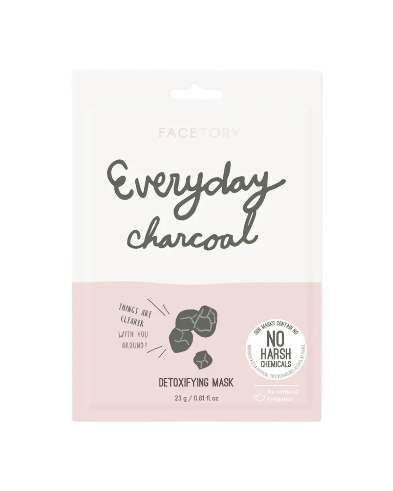 White and light pink face mask packaging with the words "everyday charcoal" 