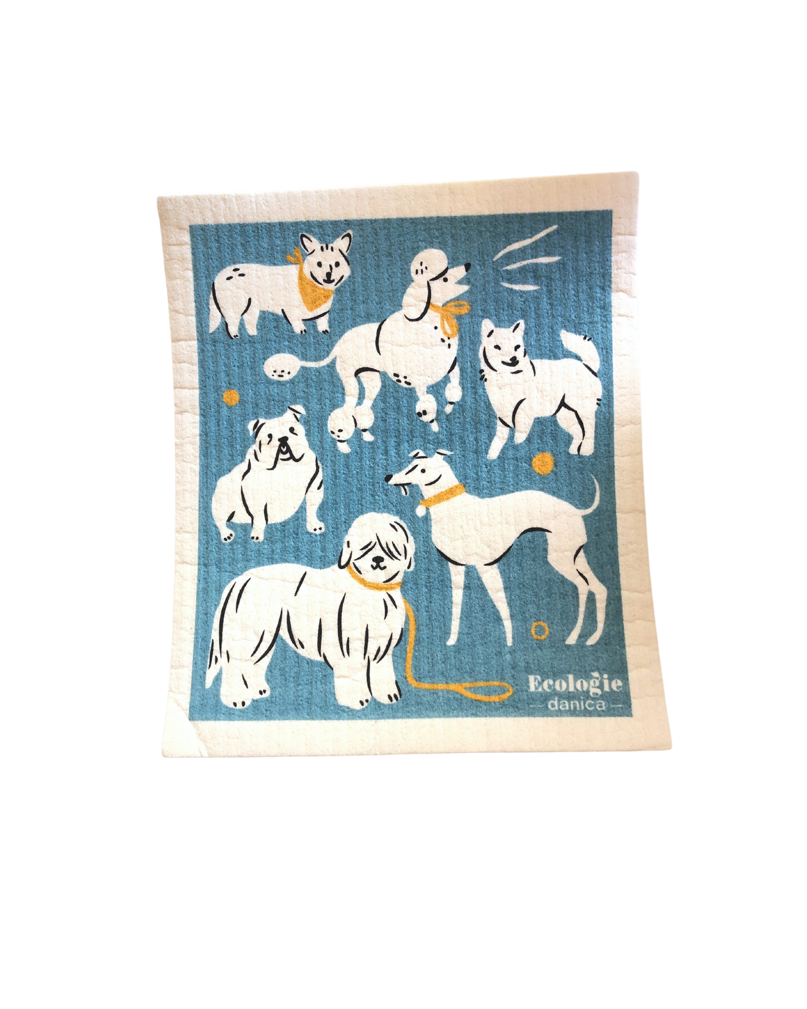 White and blue swedish dishcloth with dog illustrations