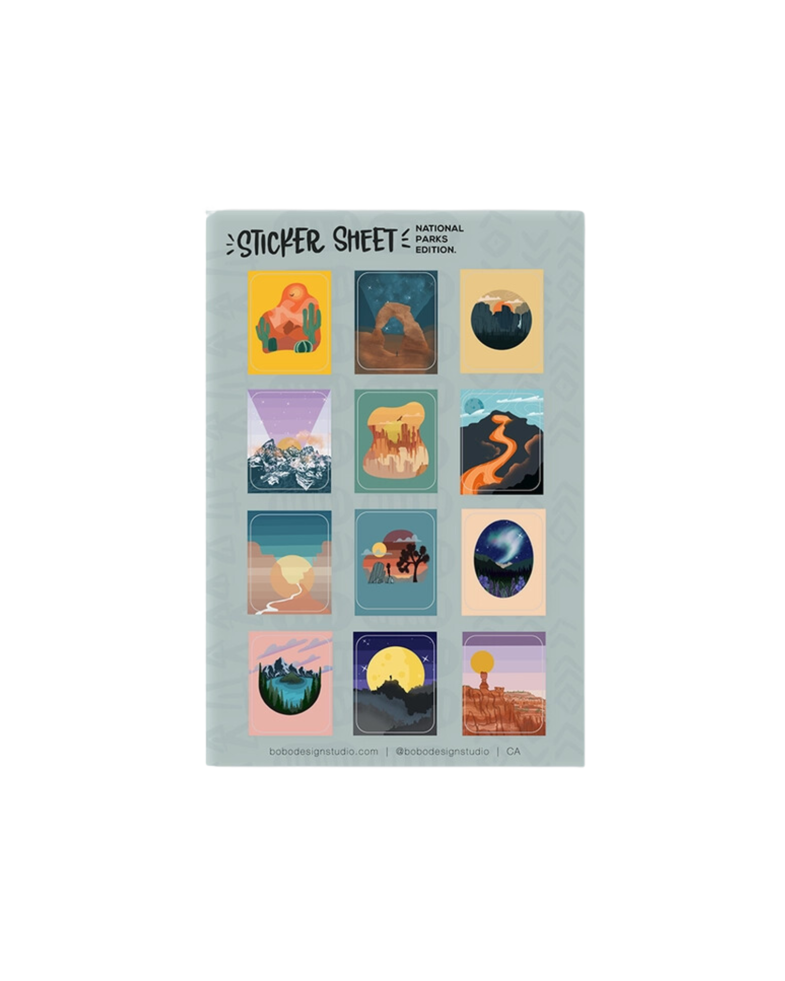 Sticker sheet with 12 illustrated national park stickers