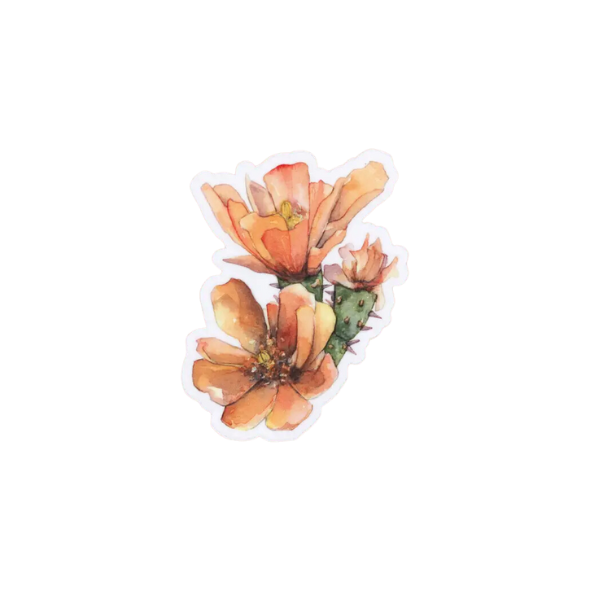 Watercolor die cut sticker of three peach colored cholla blossoms