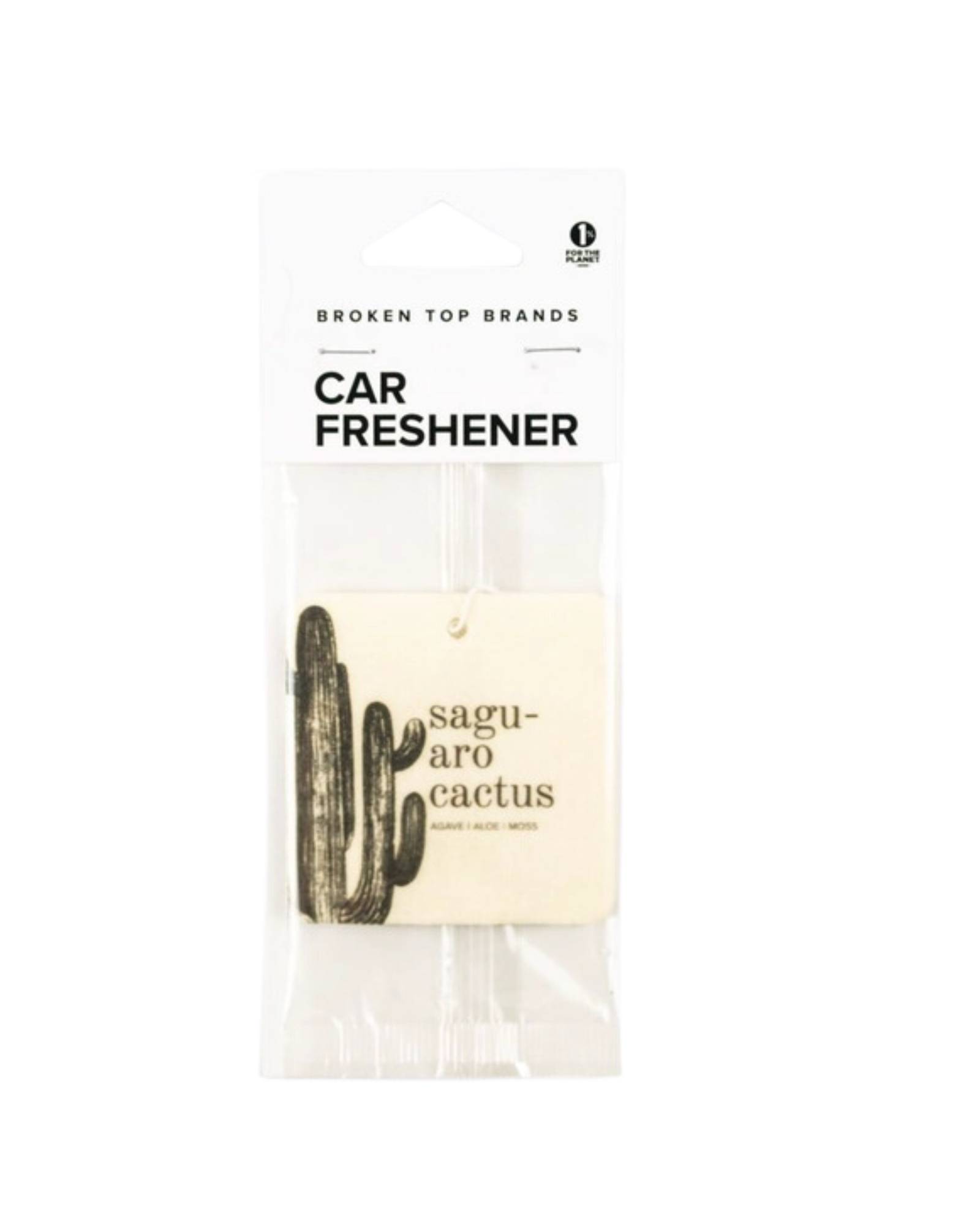 Saguaro car freshener in packaging. Car freshener is a cream square with an illustrated saguaro and the words "saguaro cactus" 