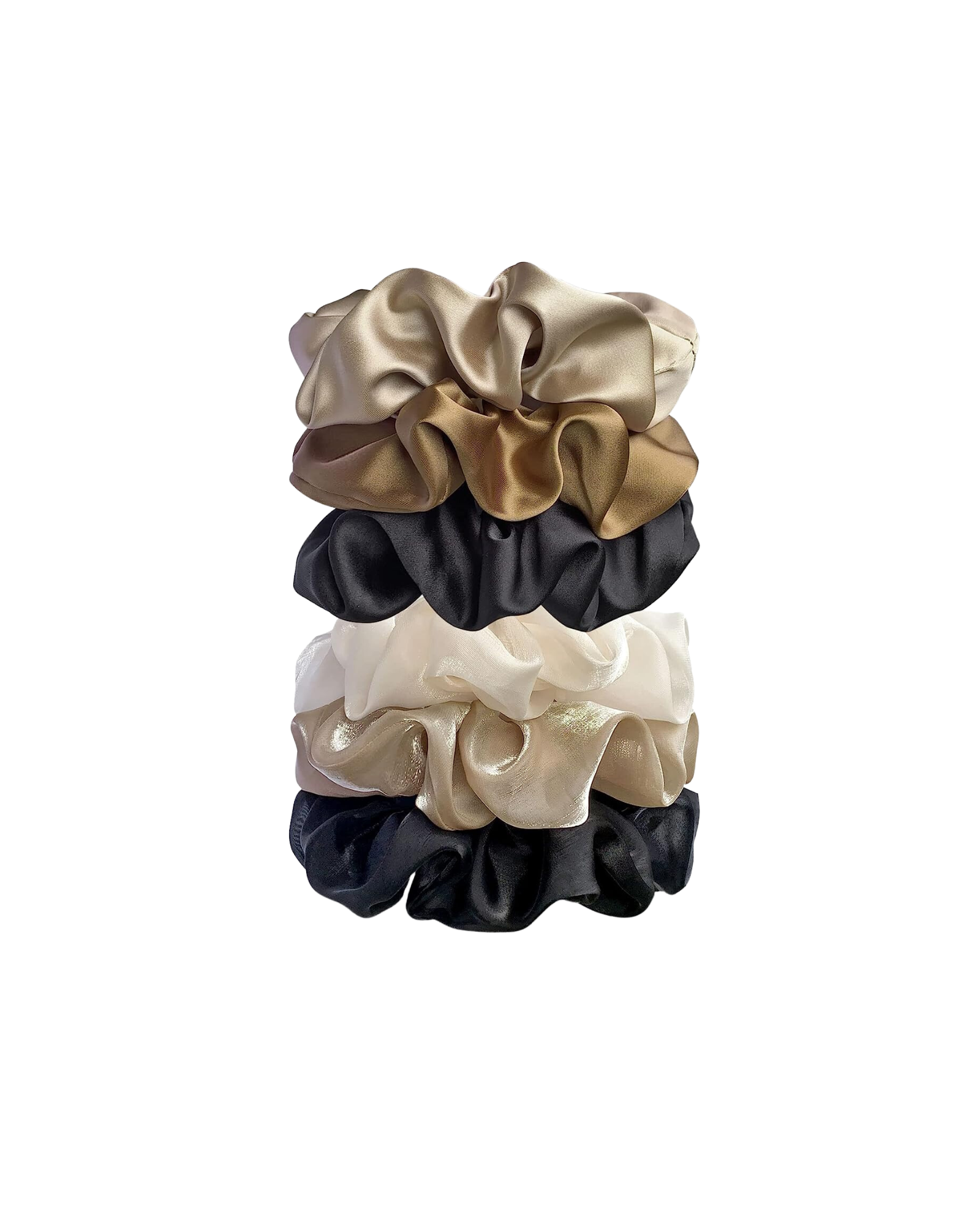 Stack of six scrunchies in black, tan, and cream